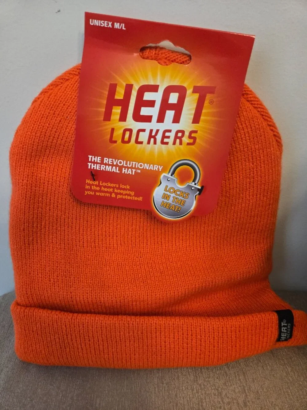 Heat Lockers Thermal Beanie Hat Orange Unisex M/L Fleece Lined Winter Cap